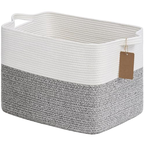 TIMEYARD 50L Woven Storage Basket, Small Laundry Baskets, Cotton Rope Baskets with Handles for Toy, Blanket Basket for Living Room, Bedroom, Gray and White, 46 x 36 x 30 cm