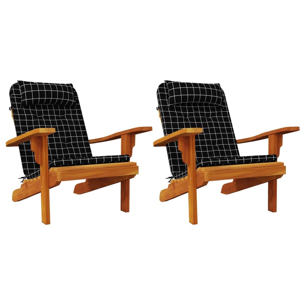 2er Set Adirondack-Auflagen 126x58 cm Stuhlkissen für Gartenstühle Hochlehner Sitzkissen mit Kopfkissen aus Oxford-Gewebe Schwarz Karomuster Sitzauflage Gartenmöbel