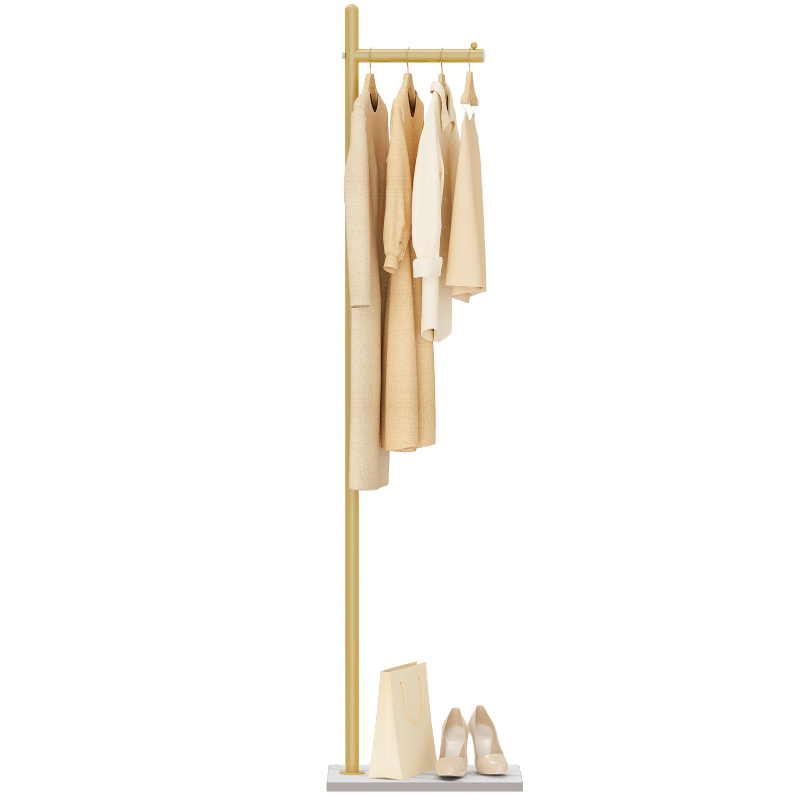 Yawinhe Coat Rack Metal,174 cm Heavy Duty Coat Stand, L- shape Modern Hall Tree Free Standing with Rock Plate Base, Suitable for Placing bags, Coats and Hats,Golden,SMJ101J