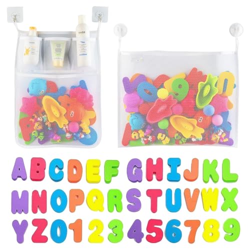 Image of Comfylife 2 x Mesh Bath Toy Organizer + 6 Ultra Strong Hooks + 36 Bath Letters & Numbers – Eco-Safe, Fun, Educational Foam Letters and Perfect Toy Storage Net for Baby Bath Toys & More