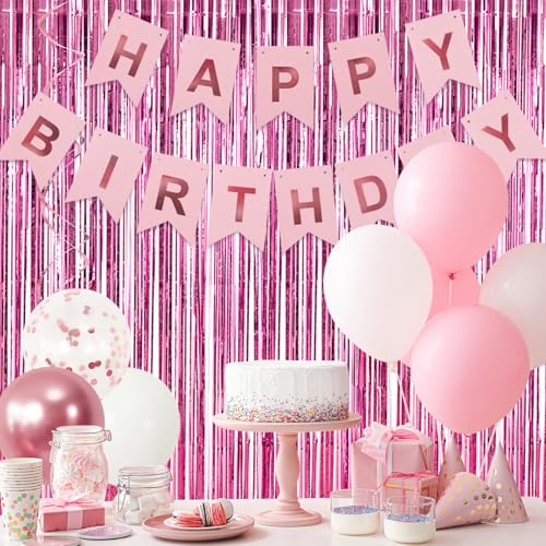 Image of RUBFAC 2 Pack Pink Foil Fringe Curtains Party Decorations Tinsel Metallic Streamers Photo Booth Streamer for New Year Decorations Bachelorette Wedding Engagement Baby Shower Birthday Holiday