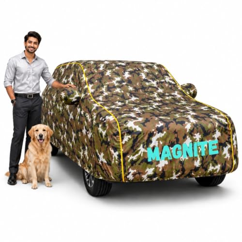 Image of Waterproof Car Cover for Magnite | Soft Cotton Lining Heavy Duty Triple Stitched Heat Resistant Outdoor Cover Comes with Mirror and Antenna Pocket Full Bottom Elastic (Zig Zag Jungle)