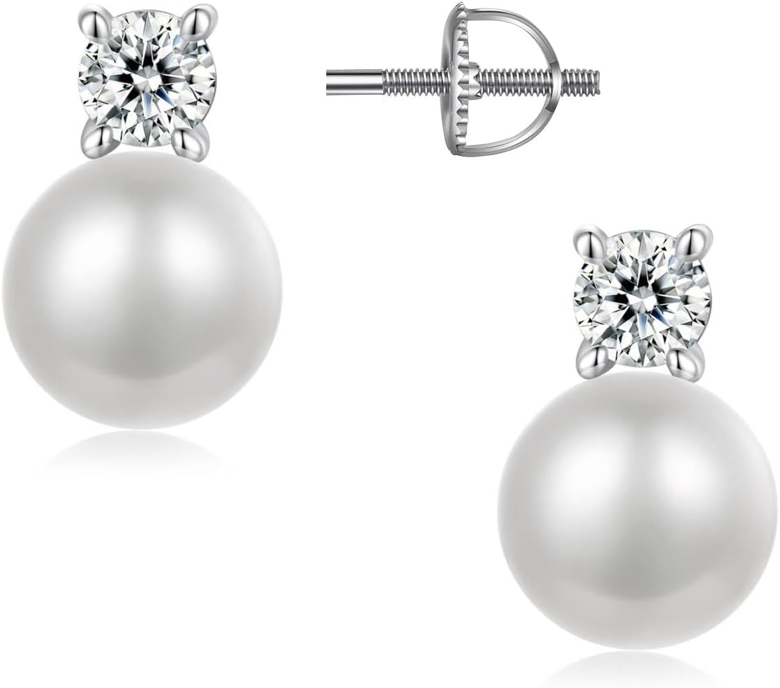 VOROCOCultured Pearl Bridal Earrings,VOROCO Screw Back Stud Pearl and Moissanite Earring,Perfect for Brides, Bridesmaids,Wedding Party and Everyday Wear