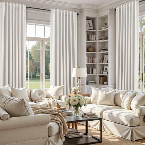 Image of Nanspring Linen 100% Blackout Floor to Ceiling Extra Long Curtains 96 Inches Long for Bedroom 8ft Back Tab Cream Farmhouse Decor Black Out Curtain for Living Room Ivory Natural Drapes 52x96, 2 Panels