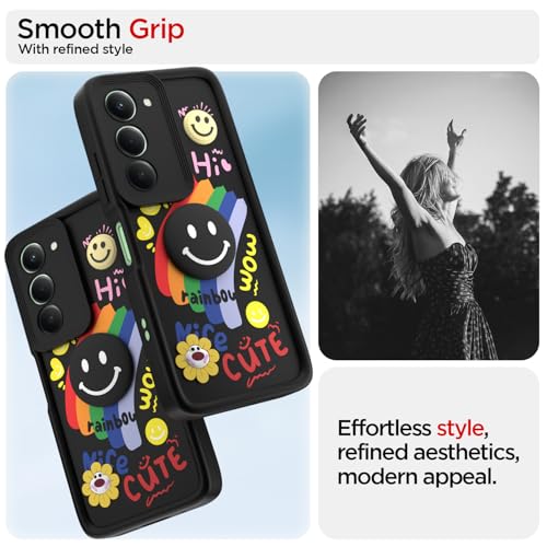 Image of Pikkme Back Cover for Redmi 15 5G | Soft Silicone| Cute Rainbow Smile & 3D Cartoon Flower Design | Shockproof Raised Camera Protection Bumper Case (Black)