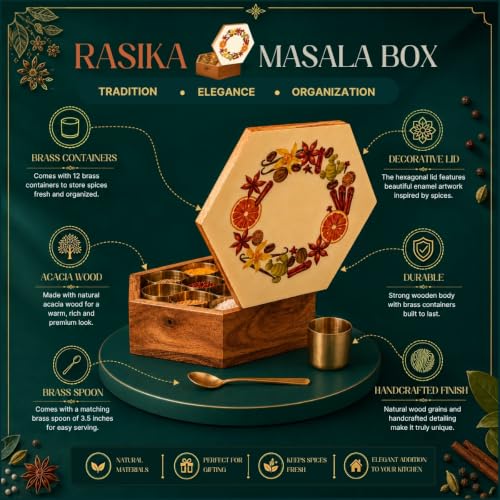Image of Rasika Acacia Wood & Brass Masala Box with 12 Brass Containers | 150ml Brass Spice Bowls | Handcrafted Wooden Masala Box Organizer | Kitchen Spice Storage Box | 10.5 x 11.5 x 3.75 Inches