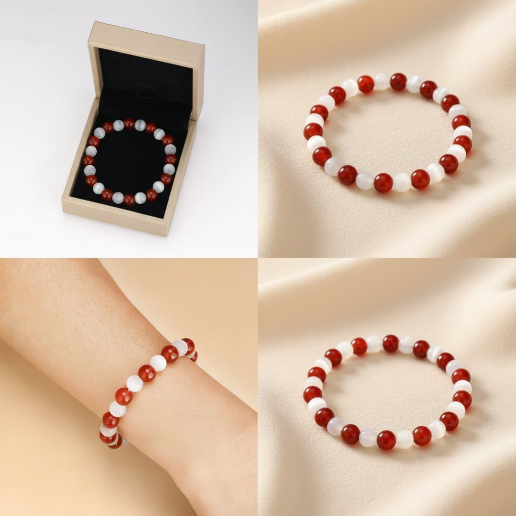 Red and White Agate Cat Eye Crystal Natural Stone Beaded Stretch Bracelet, Unisex Christmas Birthday Gift For Man Women (8mm-Red-White) - Image 8
