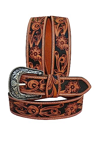 Western Leather Belt Tooled Floral Casual Jeans Belt With Removeable Buckle 30AB106