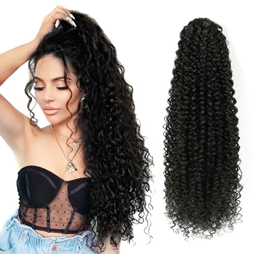 28inch Drawstring Ponytail Extension Black Hair Extensions For Women Long Curly Ponytail Synthetic Hairpieces for Daily Use (1B)