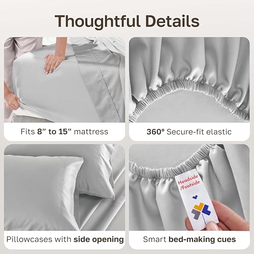 Image of Luxury Adjustable Split King Bedsheets Set, Soft 100% Cotton, 500 Thread Count Sateen, Includes Twin-Xl Fitted Sheets, Snug Fit, Sheet Sets & Pillowcases (Split King, Light Grey)