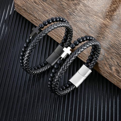 Pulsera de cuero con cuentas para hombre, cruz bañada en oro y rodio miniatura 4
