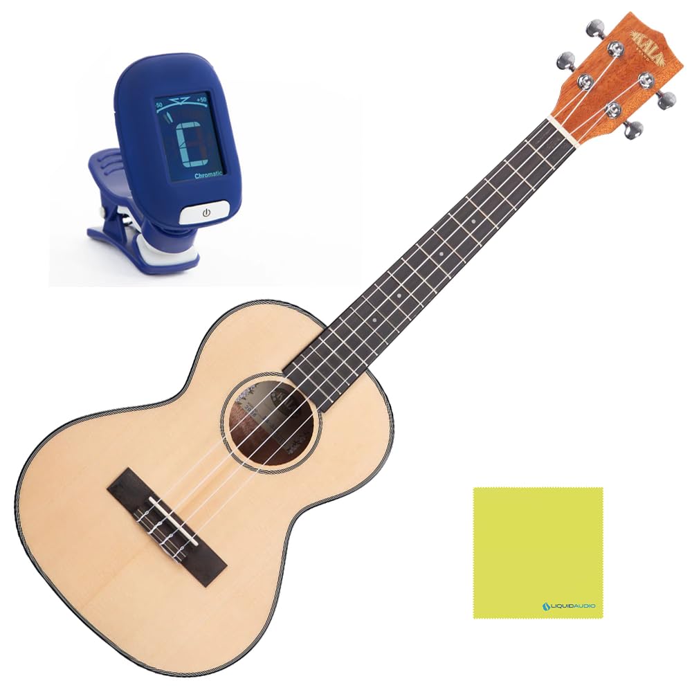 Kala Tenor Ukulele, Solid Spruce Top Mahogany, Bundle with Kala Klipz Tuner and Polishing Cloth - Blue