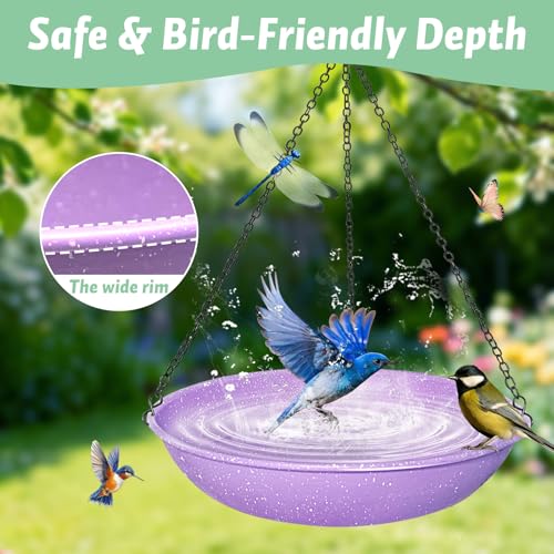 Image of 11 Inch Purple Speckled Metal Hanging Outdoor Bird Bath Bowl | Dual-use bird feeder & water basin with magnetic dragonfly decor for backyard and patio decoration