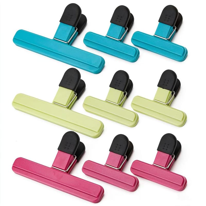 9Pcs Food Clips for Bag Sealing, Reusable Kitchen Food Clips for Bags, Freezer Bag Clips, Airtight Storage, 3 Colours for Home, Kitchen, Travel & Camping(3 Large, 6 Small)