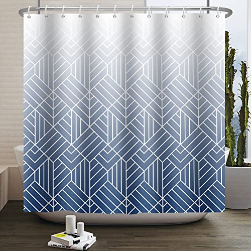 SDOTPMT 180x180cm Cortina de baño de línea geométrica Blanca Abstracta Cortina baño Minimalista Moderno Cortina baño degradada Azul clásica nórdica Cortina baño decoración baño con Gancho