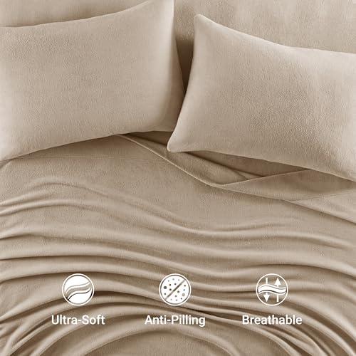 Image of True North by Sleep Philosophy Micro Fleece Bed Sheet Set, Warm, Sheets with 14 inch Deep Pocket, for Cold Season Cozy Sheet-Set, Matching Pillow Case, Queen, Khaki, 4 Piece