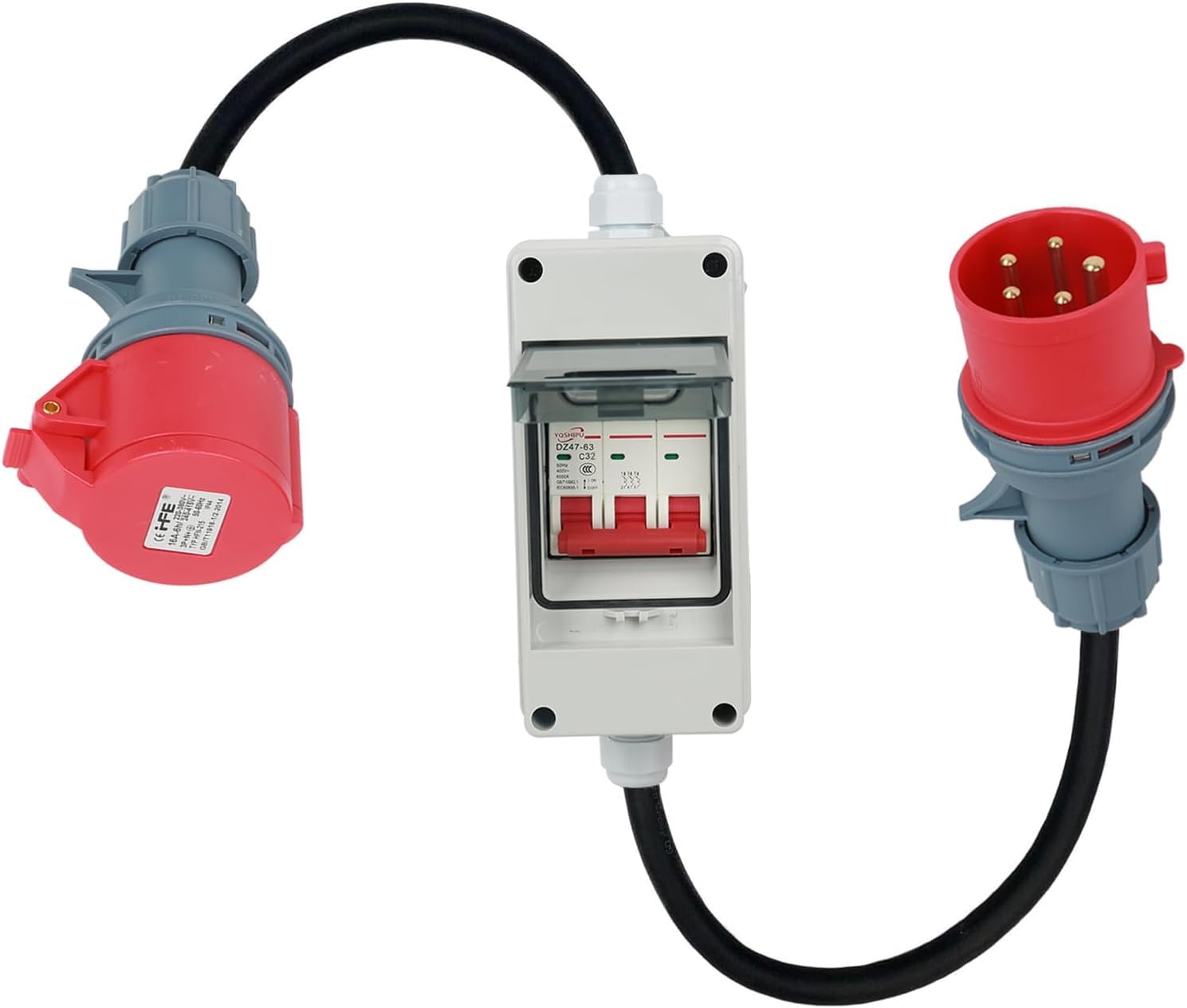 Adapter CEE 63 A 400 V wtyczka na 32 A 400 V sprzęgło z wyłącznikiem nadprądowym 32 A, H07RN-F 5G4/5G6 5 x 2,5 mm² kabel gumowy, wtyczka CEE IP44