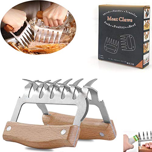 Unique Store Garra de Carne Trituradora Multifuncional 5 en 1 Herramienta para Barbacoa Separadores de Carne Conjunto de Acero Inoxidable 2pcs Horquillas Mango de Madera Abrebotellas