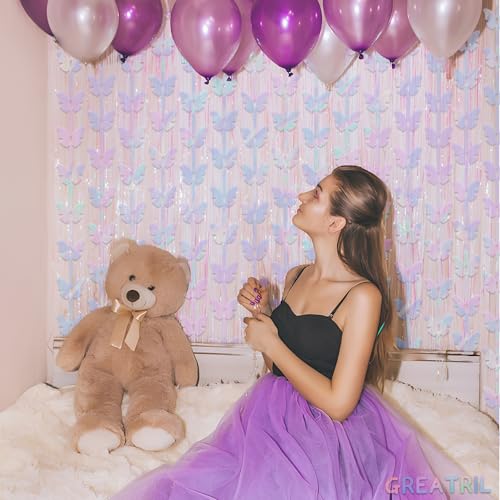 Image of Iridescent Butterfly Fringe Party Backdrop - GREATRIL Fairy Streamers for Butterfly Princess Themed Birthdays Party Decoration - 3.2ft x 6.5ft - 2 Packs
