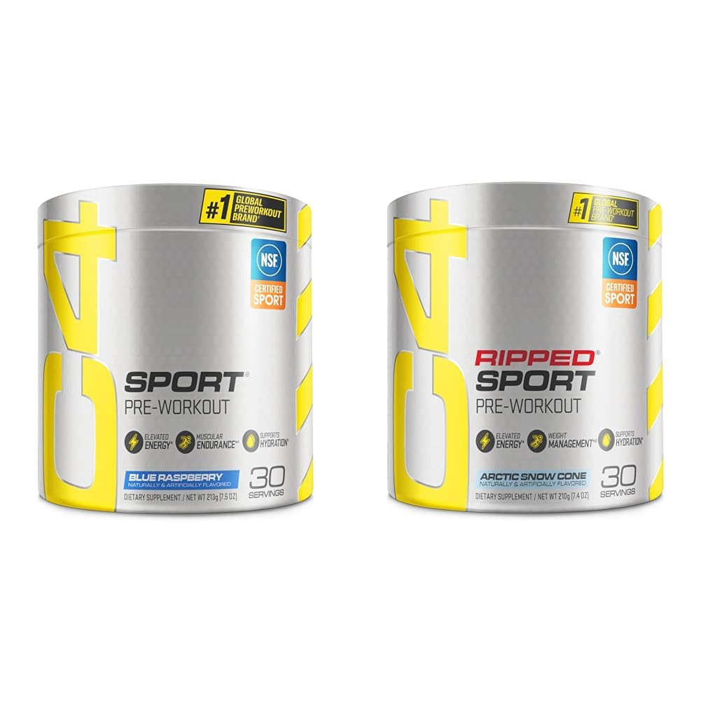 C4 Sport Pre Workout Powder Blue Raspberry for Sport 30 Servings & C4 Ripped Sport Pre Workout Powder Arctic Snow Cone - NSF Certified for Sport + Sugar Free Preworkout Energy Supplement