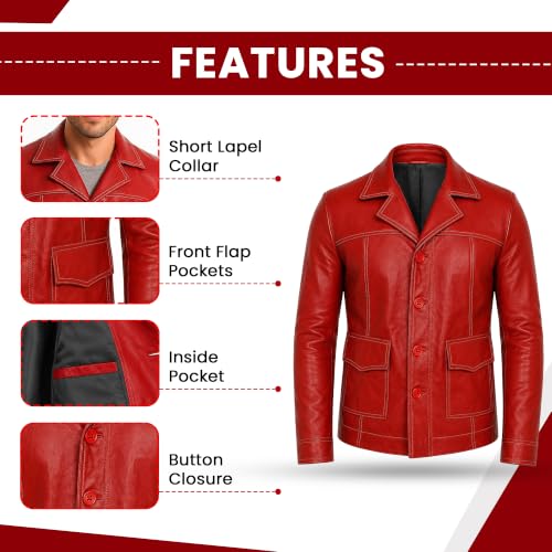 Image of Mens Fight Tyler Durden Brad Inspired Costume Leather Jacket | Short Lapel Collar Motorcycle Retro Racing Red Faux Leather Biker Jacket
