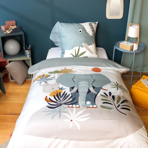 CÔTE DECO Parure de Lit Éléphant Enfant – Housse de Couette 140x200 cm + 1 Taie d'oreiller 63x63 cm Oreilles Matelassées – Thème Animaux de la Savane...