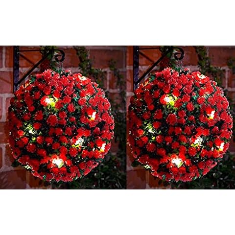 2 x 28cm Red Topiary Balls with 20 Solar LED Lights, Hanging Topiary Ball Lights Sphere Decorative for Wedding Artificial Plant, Backyard Balcony Garden Décor BY AZH Cover