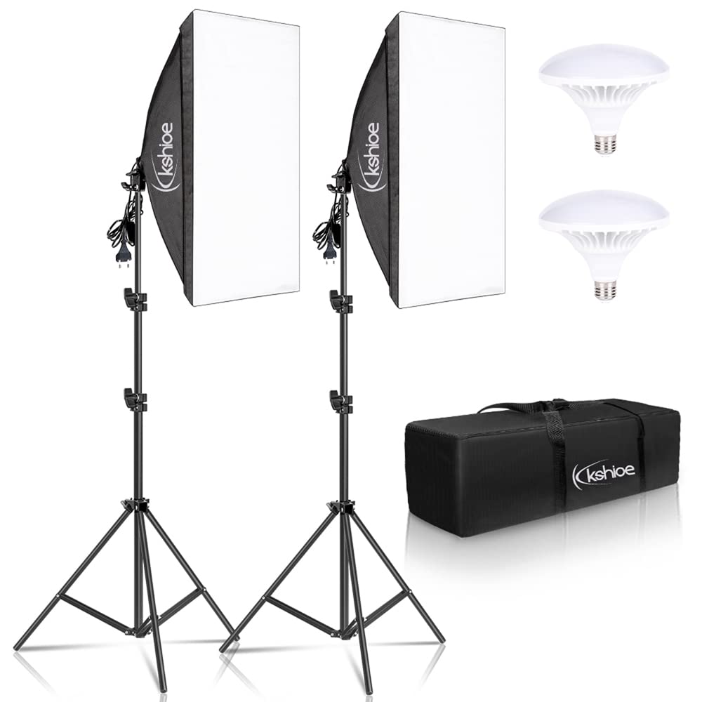 Bonnlo Softbox Licht Kit für Fotostudio, 50 x 70 cm Softbox mit E27 Sockel und 2X 5500K LED Lampen, höhenverstellbare Aluminium Stative, inkl. Tragetasche