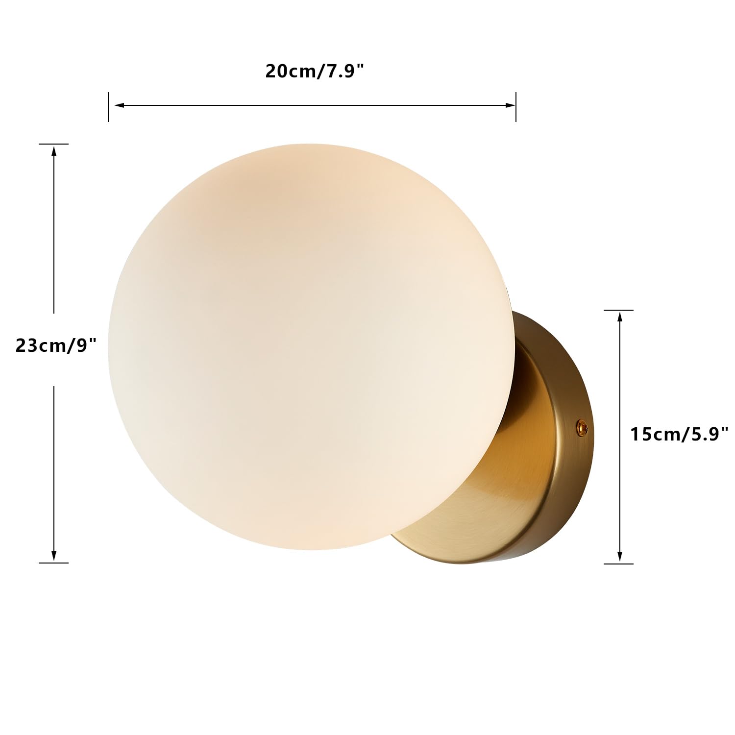 BOKT Modern Large Globe Wall Sconce Light Mid Century Brass Gold Wall Light Fixture Frosted White Glass Round Wall Sconce Vintage Bathroom Wall Lamp Bedroom Bedside Wall Light (7.9?Ç¥)
