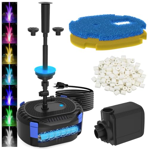 AquaMiracle All-in-One Pond Fountain Kit with Automatic Colorful LED for Outdoor Ponds 200-500 Gal, 550GPH Koi Pond Filter Pump with U - V Light to Tackle Green Water Al-gae, with 3 Spray Patterns