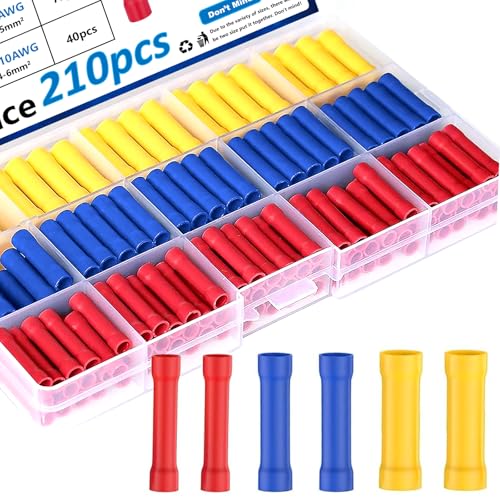 Smseace BV-R-Y-B-210 Pcs Butt Connectors 22-10Awg Butt Wire Connectors Insulated Electrical Butt Connectors Straight Wire Terminal Connectors cover