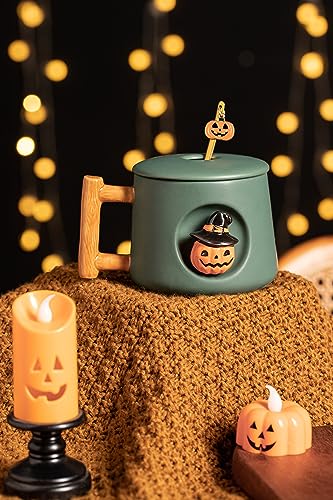 Image of DIHOclub Adorable 3D Ceramic Pumpkin Head Mug with Lid and Spoon - Perfect for Coffee, Tea, Milk, and More - Ideal Gift for Halloween - 14 Ounces (HalloweenG)