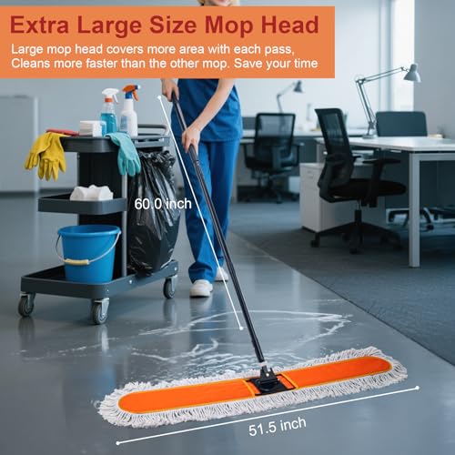 Image of 48 inch Commercial Dust Mops for Floor Cleaning, Heavy Duty Floor Duster with 60 inch Long Handle, Industrial Wet Dry Sweeper Mop with 2 Reusable Mop Pads for Janitor Indoor Warehouse Gym Hotel Clean