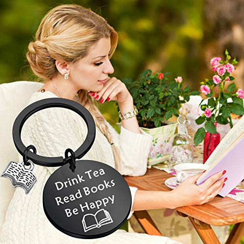 Image of FEELMEM Tea Lovers Drink Tea Read Books Keychain Party Gift Literature Book Lovers Jewelry Gift for Readers, Bookworm, Book (Drink Black)