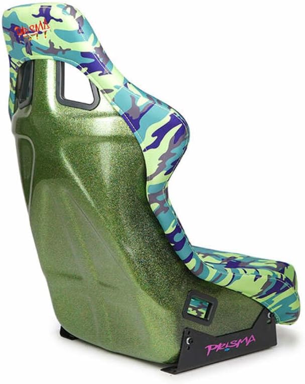 NRG Innovations NRG-FRP-302-GIJ Prisma Fixed Back Bucket Seat wBottom Mount,Green Camo Print Fabric/Green Sparkle Back