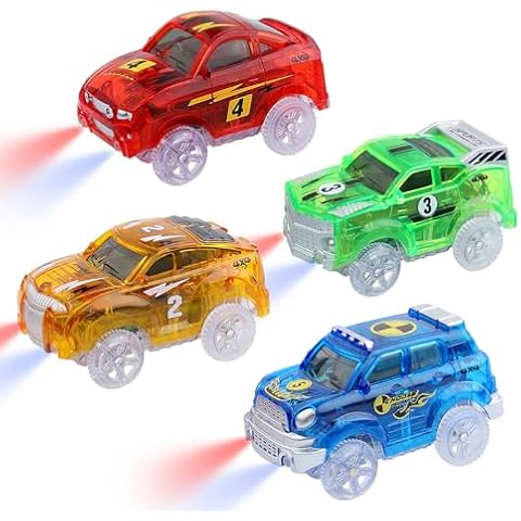 Track Cars Magic Toy Gifts 4 Pack Replacement Track Cars for 3 4 5 6 7 8 Years Old Kids Boys Girls Toy Track Cars with 5 LED Lights Glow in The Dark Compatible with Most Tracks Cover