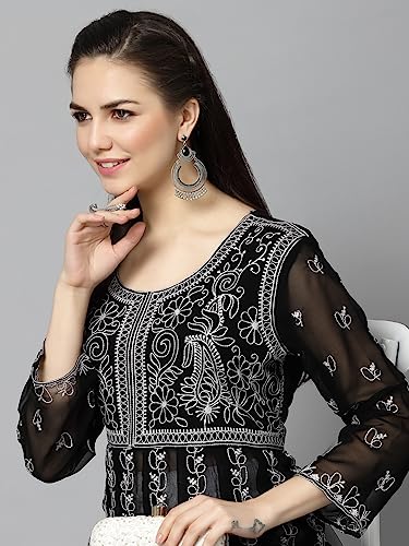 Image of Yashika Women's Chanderi Women Chikankari Long Sleeve Embroidered Anarkali Nayra Kurta(Ys-K1112)