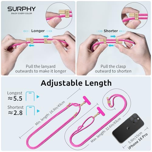 Image of SURPHY Phone Lanyard Crossbody, Phone Strap Crossbody with 2 Tether Tabs | Adjustable Cell Phone Lanyard, Anti Theft Phone Strap, Premium Metal Buckles, Universal Lanyard for Travel, Hot Pink