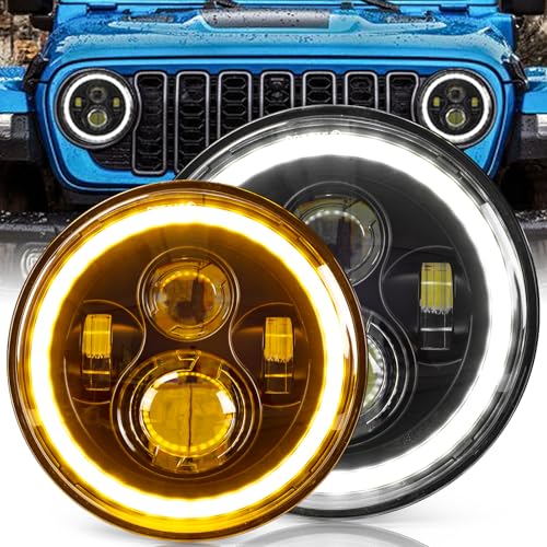 HILLSKING 7 Inch Led halo Headlights Round for Jeep Wrangler JK TJ LJ/Plug and Play with White/Amber DRL Built-in Turn Signal High/Low Beam Projector(Fits H6024)