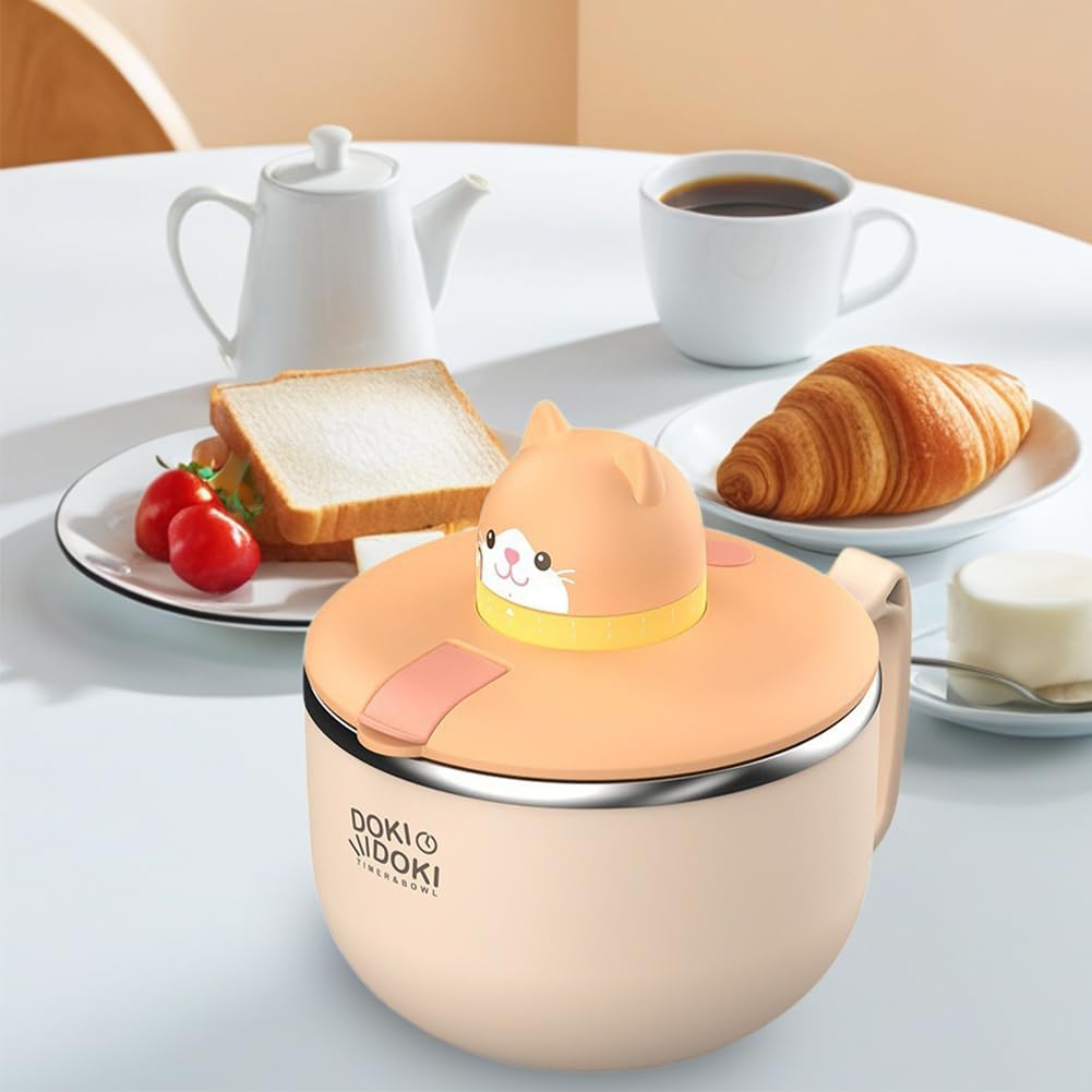 LUPATDY Ramen Schüssel mit Deckel,Instant Nudeln Schüssel 1200ml,Tragbare Nudelschale Edelstahl mit Zeitschaltuhr und Lüftungsloch,Bowl Schüssel für Nudeln, Bento, Mittagessen(Küken