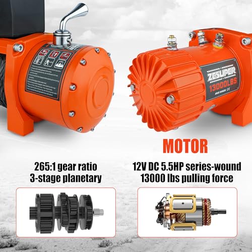 ZESUPER 12V 13000 lb Load Capacity Electric Winch Kit with Synthetic Rope, Wireless Remote and Corded Control,Waterproof IP68 Off Road Winch for Jeep,Truck,SUV