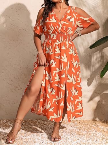 Image of Floerns Women's Plus Size Cold Shoulder Tropical Print V Neck Flared A Line Long Dress