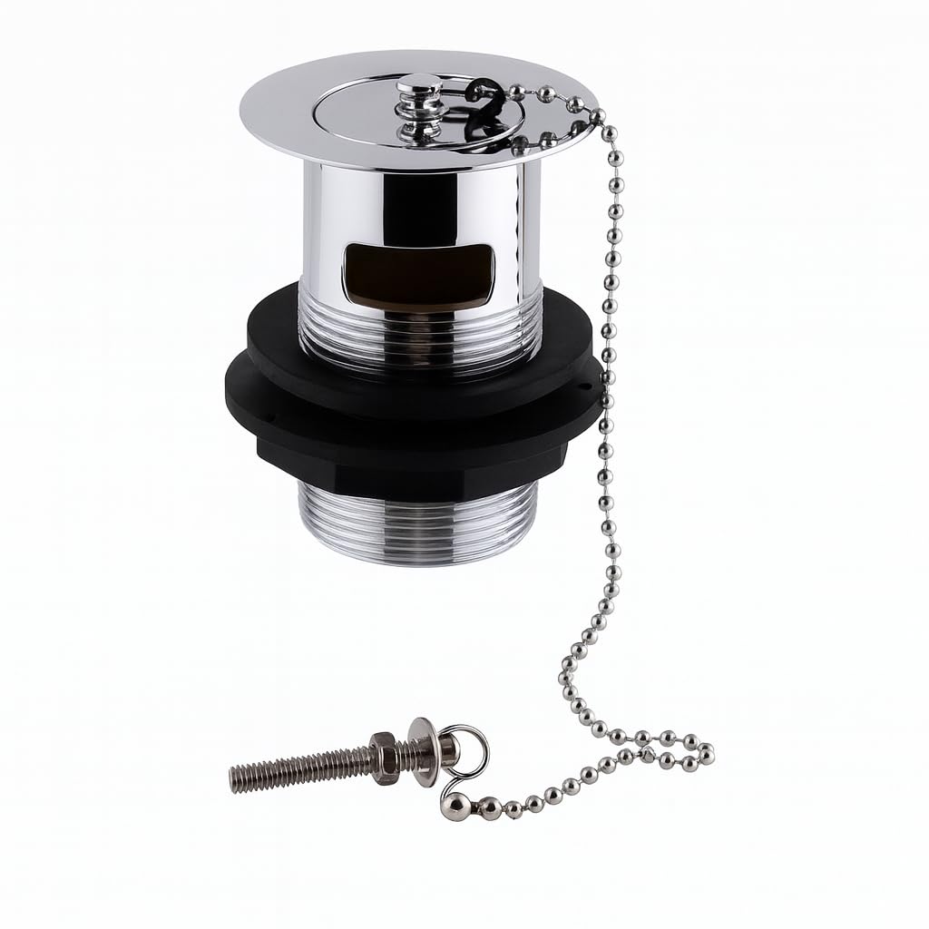 Basin Slotted Waste with Chrome Plug & Chain - Traditional Brass Plug Waste for Basins with Overflow