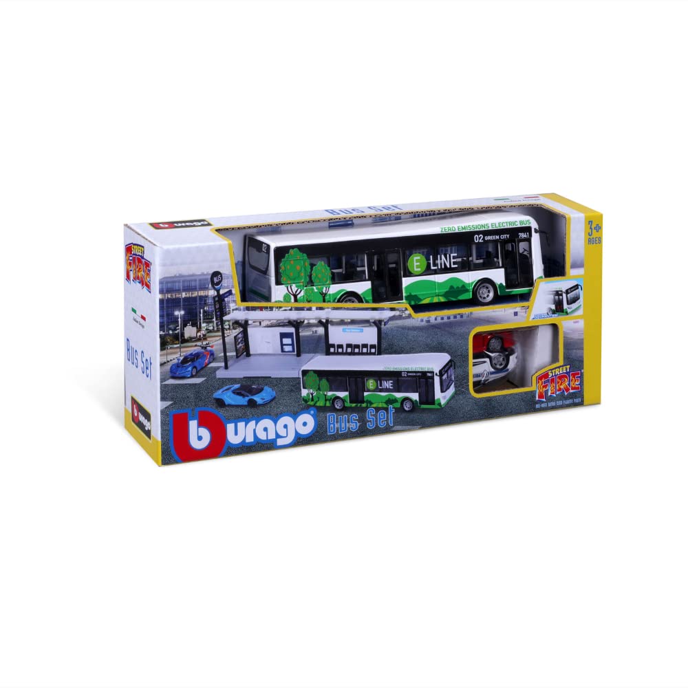 BBURAGO 1/64 TRASPORTI PUBBLICS - Playset City Bus + Station + 2 veicoli, blu o verde