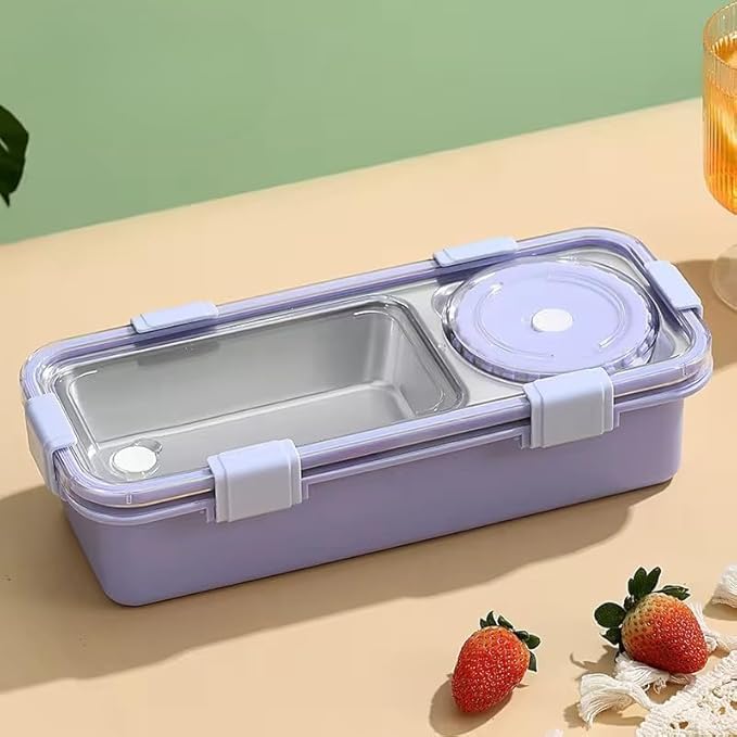 Image of Lunch Buddy Stainless Steel Bento Lunch Box Set for Food 600ml, 2 Compartment, 150ml Container 100% Leak-Proof Design Lunchbox for Office Adults & School Kids (Green)