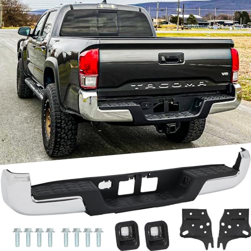Rear Steel Step Bumper Assembly for 2016-2023 Toyota Tacoma 3rd Gen without Park Sensor Holes Chrome Back Bumper Replacement for TO1103126,with Pads Brackets and License Plate Lights