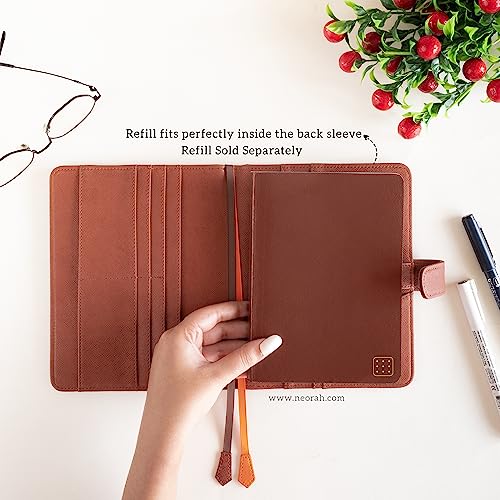 Image of NEORAH - B6 Notebook SLEEVE with SNAP Button - [ SLEEVE ONLY ]|Vegan Leather|Office Diary Holder with Penloop| 2 Front & 1 Back Pocket | 6 Card Slots |2 BookMarks - Fits any B6 Softcover - BROWN