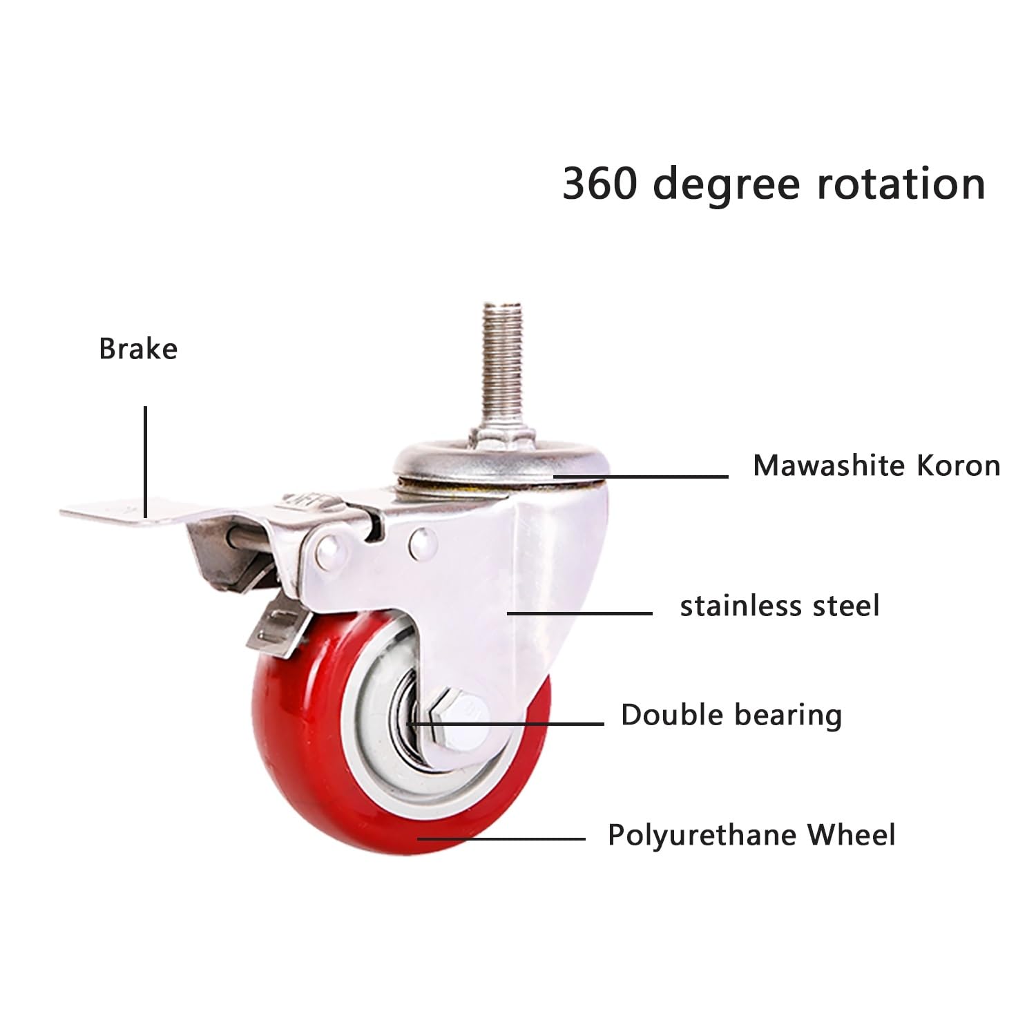 2.5/3 Pouce roulettes Pivotantes avec Frein, M12*30mm roulettes Filetées Capacité de Charge 270kg, 4 Roues en PU Silencieuses for Meubles(2swivel+2with Brake,5inch)