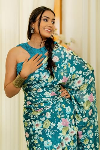 Image of MIRCHI FASHION Women Saree Floral Printed Chiffon | Breathable Lightweight Summer Sari for Office and Daily Use with Unstitched Blouse (Available in 20 Styles)