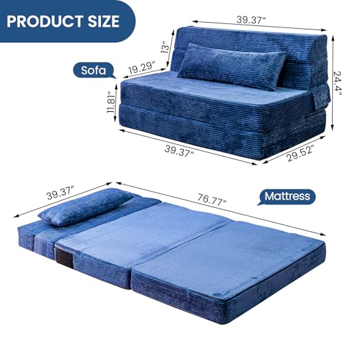 Folding Sofa Bed, Convertible Sleeper Chair with Pillow, High Density Memory Foam Fold Out Couch, Foldable Mattress Futon Sofa for Living Room/Dorm/Guest Use/Apartment/Home Office